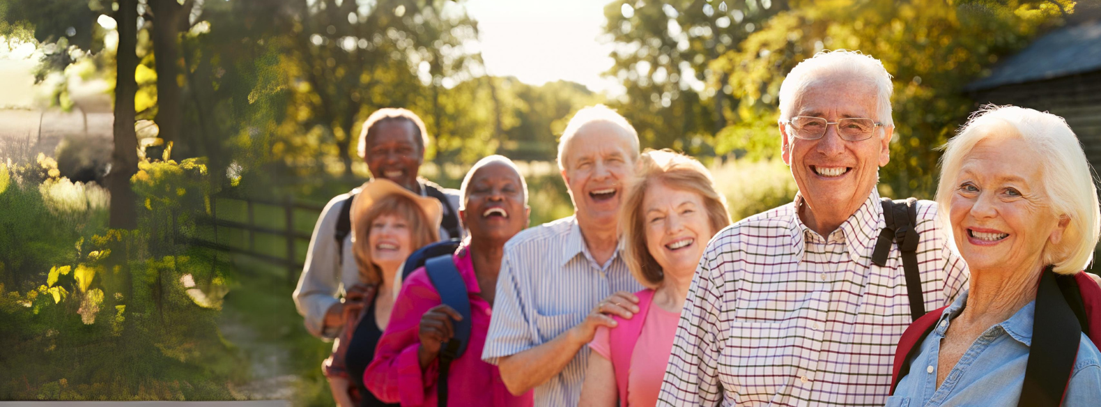 Seven happy, older-age friends with big smiles, wearing back-packs ready to go hiking on a beautiful, sunny afternoon.
